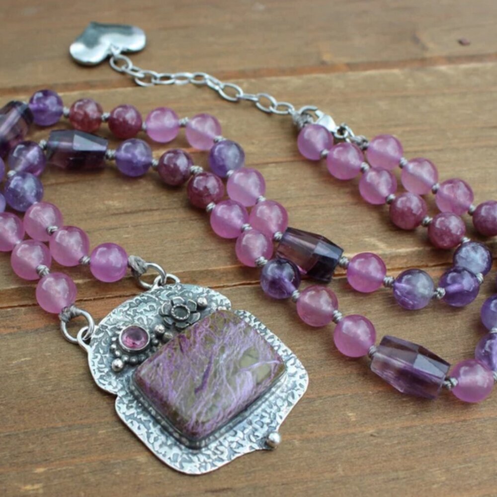 Unique Sterling Silver Purpurite Pendant Necklace, Antique-Inspired Gift for Her